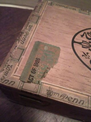 Wm.  Penn Wood Wooden General Cigar Co.  Box Antique Act Of 1926 Stamp Factory 10 3