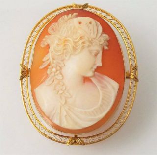 Large Antique 14k Gold Carved Shell Cameo Brooch Pin Pendant 14.  1 Grams 2 1/8 "