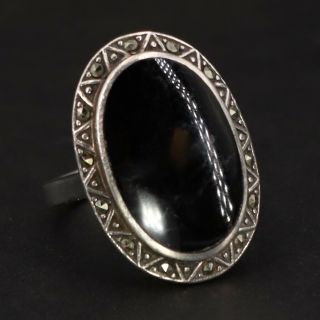 Vtg Sterling Silver - Art Deco Onyx & Marcasite Ring Size 8.  5 - 7g