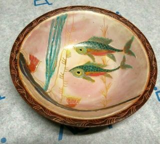 Vintage Antique Hand Painted Green Pink Gold Fish Ocean Sea Copper Bowl