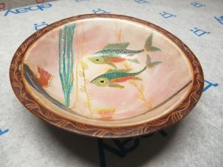 Vintage Antique Hand Painted Green Pink Gold Fish Ocean Sea Copper Bowl 2