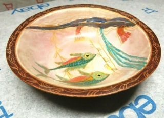 Vintage Antique Hand Painted Green Pink Gold Fish Ocean Sea Copper Bowl 3