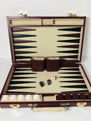 Vintage Backgammon Set Briefcase Faux Leather Travel Case - No Instructions