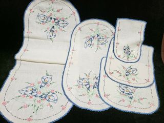 5 Vintage Dresser Scarf Runner Antique Hand Embroidered Crocheted Calla Lily Set