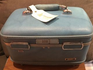 Vintage Makeup Train Case American Tourister Escort Blue Carry On Luggage 15”