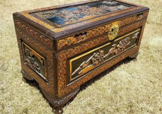 Vintage Oriental Chinese Camphor Wood Hand Carved Box Trunk Hope Chest Table