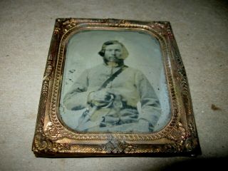 Antique Daguerreotype Tin Type Photograph Civil War Soldier With Sword 2