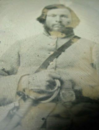 Antique Daguerreotype Tin Type Photograph Civil War Soldier With Sword 3
