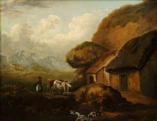 A Rustic Cottage Landscape | 18th Century,  George Morland Antique Oil Painting