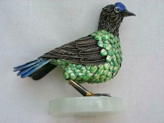 Exceptional Chinese Vintage Silver & Enamel Model Of A Bird On Jade Base.