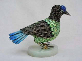 Exceptional Chinese Vintage Silver & Enamel Model of A Bird on Jade Base. 2