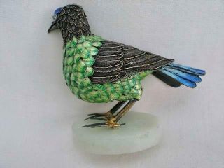 Exceptional Chinese Vintage Silver & Enamel Model of A Bird on Jade Base. 3