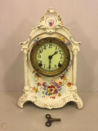 Antique Ansonia Royal Bonn Porcelain Case Clock La Mayenne Model? Running