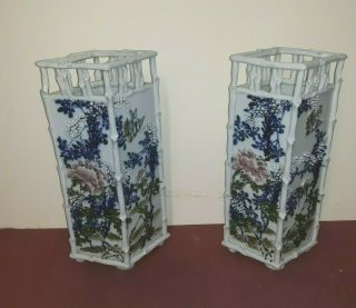 Antique Japanese Porcelain Vases W / Floral And Bamboo Decoration Signed