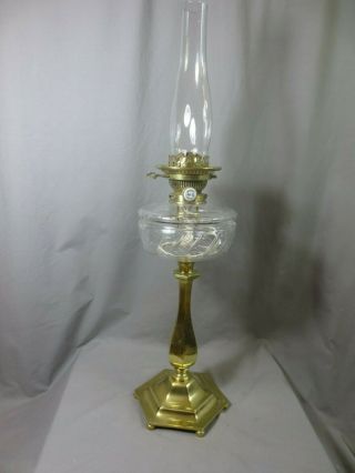 Brass & Cut Glass Oil Lamp Complete With Chimney & Hinks Burner