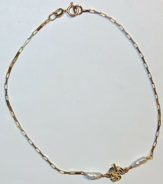 Lovely Vintage 14k Gold & Pearl 8 - 3/4 " Ankle Bracelet W/flower Charm 1.  8g L 7