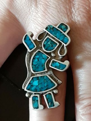 Vintage Navajo Old Pawn Turquoise Chip & Sterling Silver Kokopelli Ring Size 7