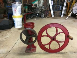 Vtg C.  S.  Bell Red Cast Iron Hand Crank Or Pulley Driven Grist Mill Grinder