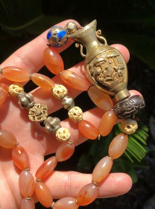 Old Chinese Gilt Silver Carnelian Agate Enamel Cloisonne Bead Urn Necklace 28 