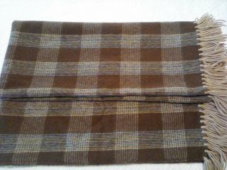 Vintage Brown Tan Blue Plaid Wool Throw Blanket W Fringe 47 By 56 Inches Warm