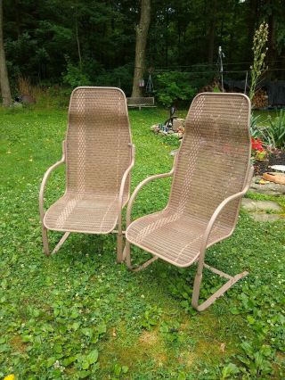 Pair Vintage Mid Century Modern Wicker Lloyd Loom Patio Chairs