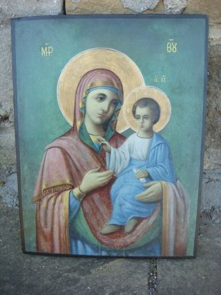 Rrr Rare Antique 19th Handpainted Icon Orthodox Virgin Mary Jesus Christ