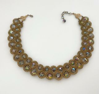 Vintage Jewelry Unique Crystal Necklace Woven Wire Work Brass Gray Ab