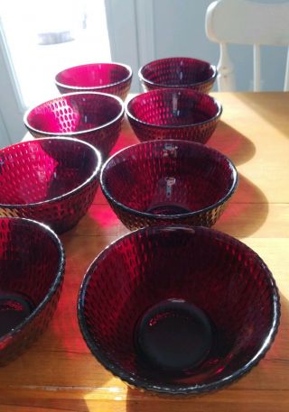 Ruby Red Depression Glass Bowls Hobnail Set Of 8 Dessert Berry Serving Vintage
