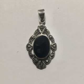 Black Onyx,  Marcasite Sterling Silver Vintage Art Deco Pendant Necklace