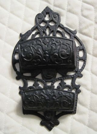 Vintage Black Cast Iron Double Wall Mount Match Holder - Iron Art Lb - 14