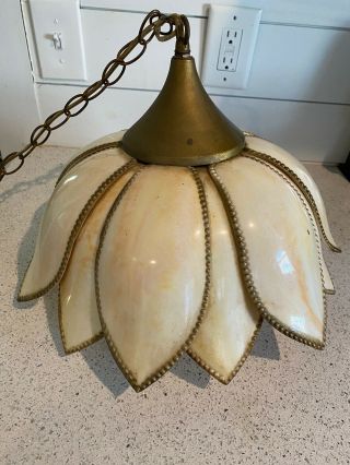 Vintage Mid Century Slag Glass Tulip Lotus Flower Hanging Light Chandelier