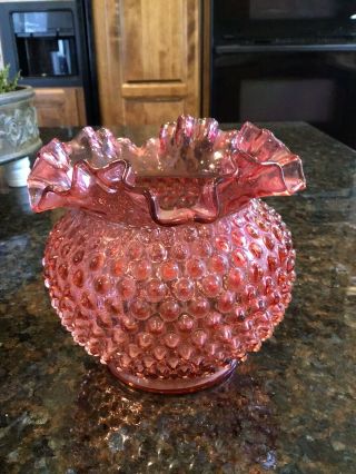 Vintage Fenton Hobnail Cranberry Pink Glass Ruffled Crimped Rim Vase Bowl