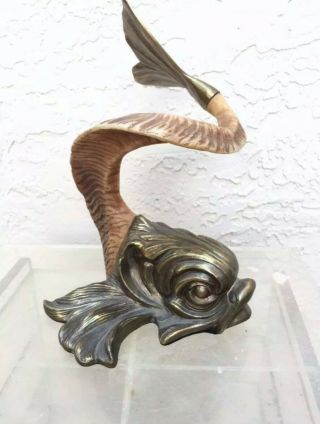 Hollywood Regency Vintage Chapman Asian Koi Fish Brass & Rams Horn Sculpture