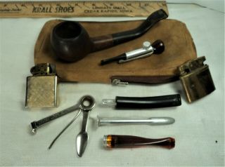 Vintage Briarwood Pipe & Tools Bakelite Cigarette Holder Small Fry Pipe Lighter