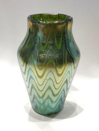 Antique Signed Loetz Austria Iridescent Green Pulled Feather Art Glass Vase