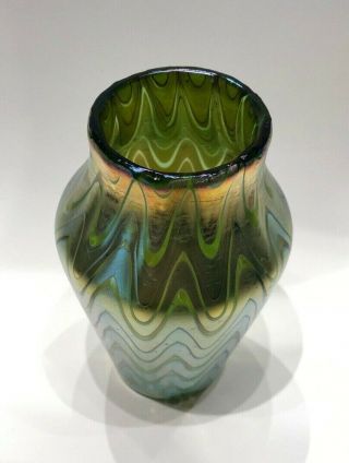 Antique Signed Loetz Austria Iridescent Green Pulled Feather Art Glass Vase 2