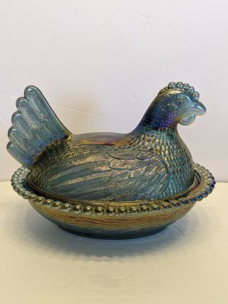 Vintage Indiana Glass Blue Carnival Glass Hen On Nest Chicken Covered Dish