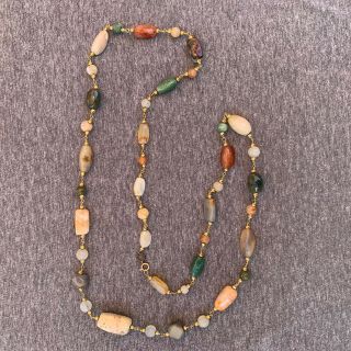 Vintage Multi - Color Agate Stone Necklace W/ Gold Beads 40” Long 14k Gold Clasp