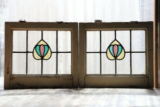 Antique Stained Glass Windows Three Color Art Nouveau Tulips (3108)