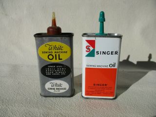 2 Vintage Sewing Machine Oil Can Tin Advertising White & Singer Handy Oiler