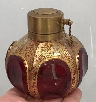 Bohemian Antique Moser Ruby Cabochon Gilt Glass Perfume Bottle - Atomizer Finest
