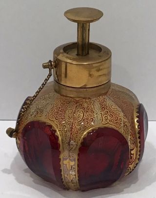 Bohemian Antique MOSER RUBY CABOCHON GILT Glass PERFUME BOTTLE - Atomizer Finest 2