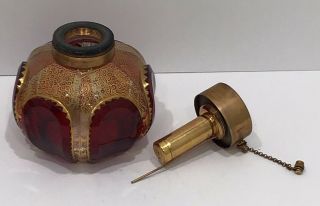 Bohemian Antique MOSER RUBY CABOCHON GILT Glass PERFUME BOTTLE - Atomizer Finest 3