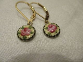 Vintage 14k Gold Filled Lever Backs W Guilloche Yellow W Pink Rose Earrings