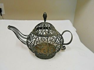 Ornate Antique Vintage Wrought Tea - Pot Planter Garden Decor
