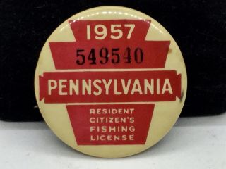 Vintage 1957 Pennsylvania Resident Citizen’s Fishing Licence Pinback Button