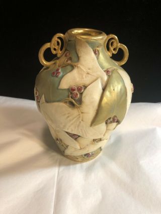 Antique Art Nouveau Paul Dachsel Pottery Vase Gold Trim Leaves & Berries Rare