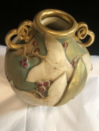 Antique Art Nouveau Paul Dachsel Pottery Vase Gold Trim Leaves & Berries Rare 2