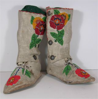 1920s Native American Nez Perce Indian High Top Bead Decorated Hide Moccasins