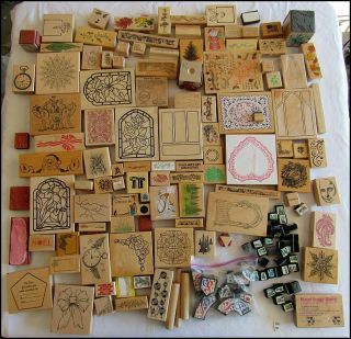 Vintage Huge Piece Lot Wood Mount Rubber Stamps Ink And Crafting Nr